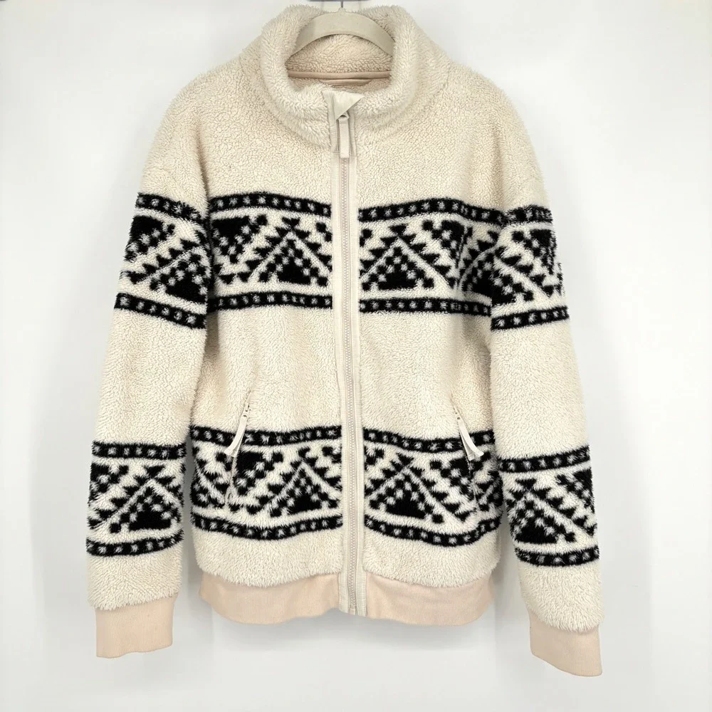 Faherty B.Yellowtail High Pile Sherpa Fleece Jacket Cream Black Aztec Print M - Picture 2 of 13